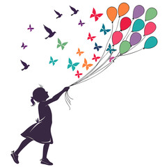 Girl with Balloons Transforming into Birds and Butterflies