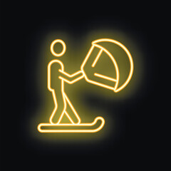 Yellow glowing neon sign representing a kitesurfer riding a wave, an illustration on the theme of water sports