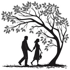 Couple Walking Silhouette Under Tree Vector Illustration