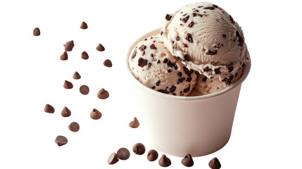 Fototapeta premium delectable chocolate chip ice cream scoops in a paper cup, a cool and delicious treat. Isolated On Transparent and White Background