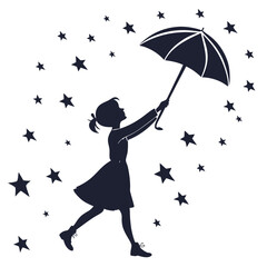 Child Silhouette with Umbrella and Stars Vector Illustration