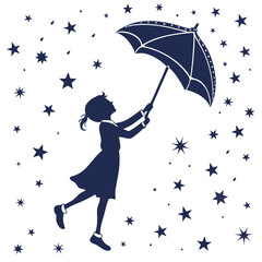 Child Silhouette with Umbrella and Stars Vector Illustration