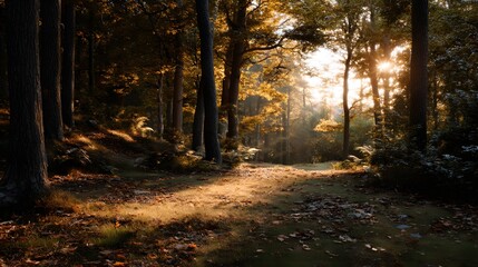 Fototapeta premium Peaceful autumn forest clearing with golden leaves and soft sunlight filtering through trees, creating cozy seasonal warmth and inviting natural beauty for fall themed projects