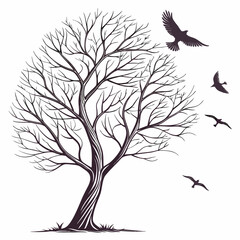 Bare Tree with Birds Black and White Illustration for Cutting