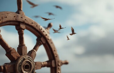 Wooden ship's wheel with birds in flight (4)