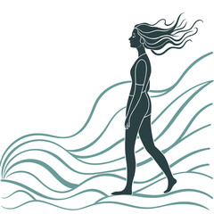 Stylized Woman Silhouette on Beach with Crashing Waves &mdash; Minimalist Calming Icon
