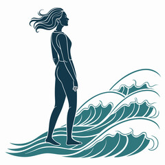 Stylized Woman Silhouette on Beach with Crashing Waves &mdash; Minimalist Calming Icon