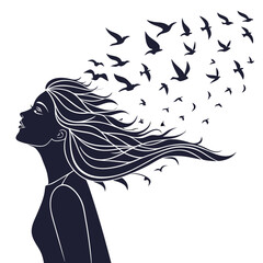 Silhouette of Woman with Birds Flying from Her Head &mdash; Freedom & Letting Go Concept
