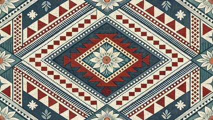 Amazing intricate geometric pattern with symmetrical diamond shapes and stylized floral motifs, evoking a rich ethnic folk art style perfect for decorative textile designs