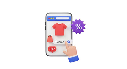 Online Shopping 3D Illustration with Discount and Search Bar