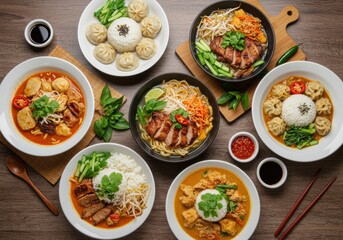 Assorted Asian Cuisine Dishes on Rustic Table – Colorful Top View Food Photography