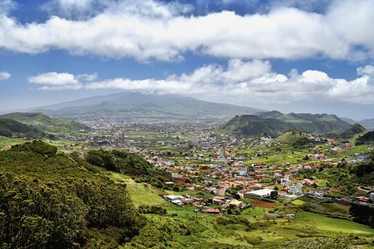 View of San Cristobal de La Laguna and the Anaga Mountains from the Mirador de Jardina, Tenerife Island, Canary Islands, Spain