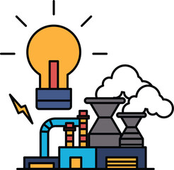 A light bulb is shown in the center of a drawing of a factory