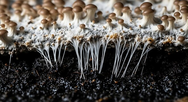 Intricate Mycelial Network Supporting Mushroom Growth in Dark Soil.