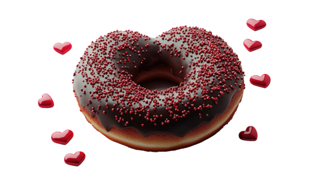 delicious, heart-shaped donut adorned with sprinkles of delight and tiny heart-shaped candies evokes feelings of pure indulgence. Isolated On Transparent and White Background