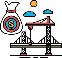 A black and white drawing of a bridge with a large $20 bill on top of it