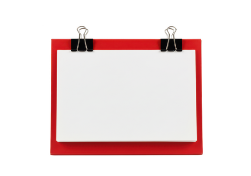 A red clipboard with a blank white paper secured by two black binder clips isolated on transparent background