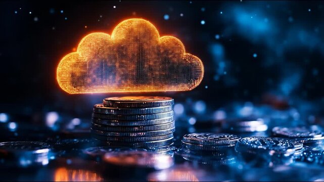 A glowing orange cloud icon representing cloud computing hovers over a stack of coins, symbolizing cloud finance and technology investment.