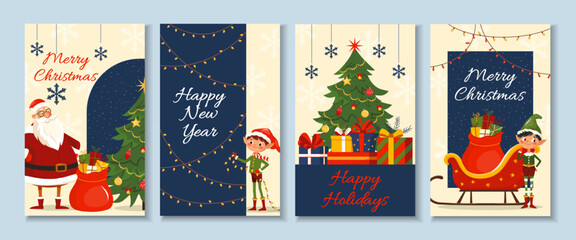 Set of winter holidays cards with Santa Claus, red sleigh full of gifts and cheerful elf Festive vector templates with cartoon characters Cute kids design for print, flyer, banner Merry Christmas 2026 © Катерина Фирсова