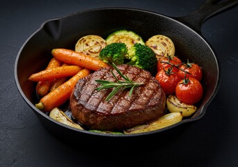 Grilled Beef Steak with Roasted Vegetables in Cast Iron Pan – Gourmet Food Photography