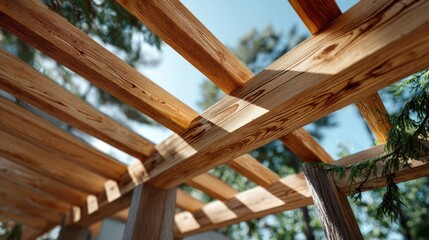 Detailed view of intersecting wooden beams of a pergola, with natural light and tree branches in the background.