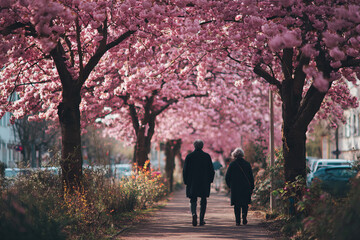 Elderly Couple Walking Under Cherry Blossoms