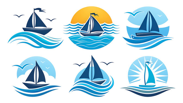 Collection of six stylized sailing boat emblems featuring blue sailboats on wavy ocean water under sunny skies - Powered by Adobe