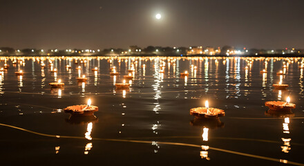 Floating candles illuminate a tranquil body of water under the moon's gentle glow, reflecting lights.