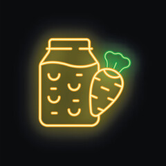 Neon sign representing a glass jar containing carrot juice and a carrot aside, isolated on black background