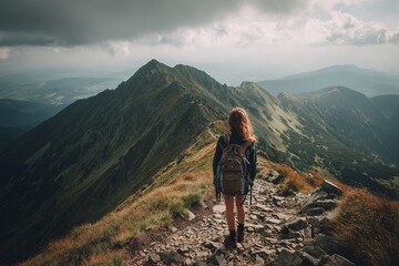 Obraz premium Hiker Standing on Mountain Ridge Trail