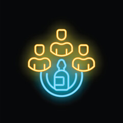 Neon icon representing a team working together on a product design project, symbolizing innovation and teamwork