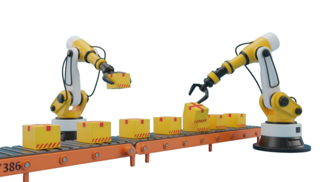 Robotic Arms Working on a Conveyor Belt with Boxes