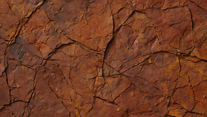 Close up of cracked and textured brown rock surface with visible fissures and rough appearance
