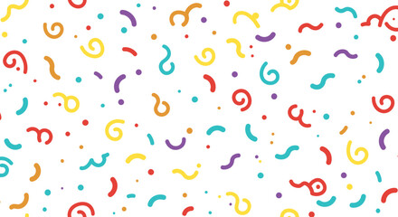 A vibrant and playful seamless pattern of colorful confetti and streamers scattered across a clean, perfect for festive celebrations and party invitations