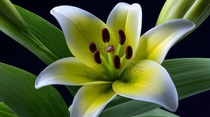 Closeup view of a beautiful, vibrant white and yellow lily flower in full bloom, showcasing its delicate petals, stamens, and pistil against a dark background