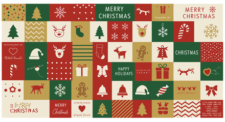Fototapeta premium Festive Merry Christmas and Happy Holidays pattern with traditional symbols and greetings, in a rich color palette of red, green, and gold