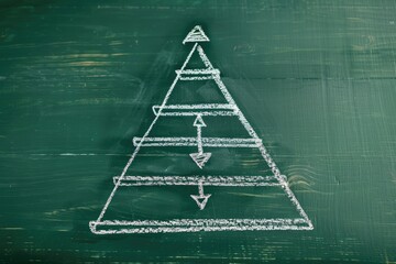 Chalk pyramid diagram on a dark green wood surface, illustrating a hierarchical structure with arrows indicating flow