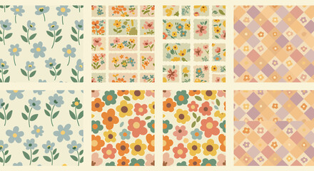 A collection of four seamless floral patterns and geometric designs in a retro, pastel color palette, featuring delicate blue flowers, vibrant retro flowers, and a checkerboard of diamond shapes