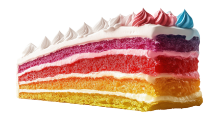 A slice of delicious multi-layered rainbow cake, a feast for the eyes and a celebration of flavor, offering a sweet indulgence and a pop of vibrant color. Isolated On Transparent and White Background