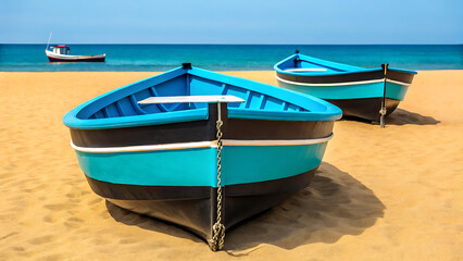 Two vibrant blue and black wooden fishing boats resting on a golden sandy beach with the calm ocean in the background