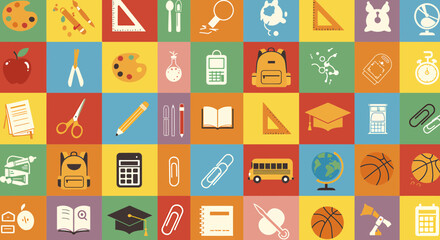 A diverse collection of flat design education and school supply icons arranged in a colorful grid, symbolizing learning, knowledge, and academic subjects © Crushin