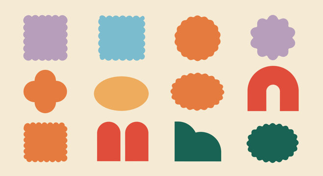 A collection of abstract, colorful geometric shapes with scalloped edges and rounded corners, arranged in a grid pattern on a neutral background, evoking a retro or playful aesthetic