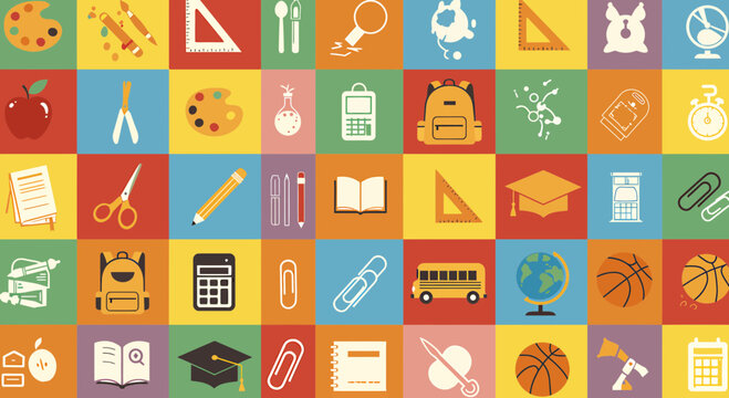 A diverse collection of flat design education and school supply icons arranged in a colorful grid, symbolizing learning, knowledge, and academic subjects