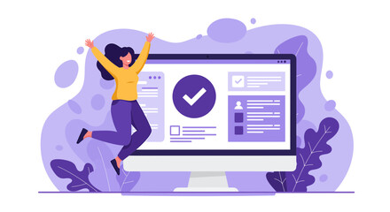 A happy woman jumping in the air in front of a computer screen displaying a checkmark and a form, symbolizing success and completion of tasks or online processes