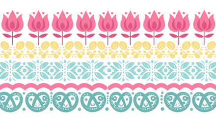 Folkloric floral and pretzel patterns border with pink tulips and teal accents