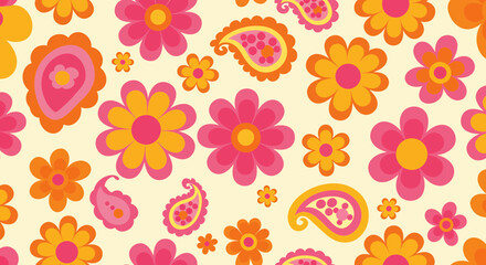 Retro Floral Pattern with Paisley Elements in Shades of Orange and Pink