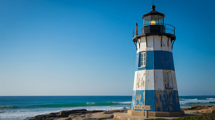 Iconic striped lighthouse stands tall against a clear blue sky overlooking the ocean waves.