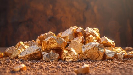 A pile of glistening gold nuggets rests on reddish-brown earth, backlit by a warm, sunlit glow against a dark, textured background