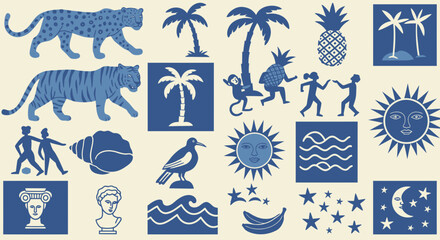 A collection of blue and white graphic elements including tigers, palm trees, pineapples, suns, moons, stars, waves, people, a bird, a bust, a seashell, and a banana, all isolated on a © Crushin