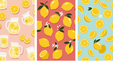 Vibrant Summer Citrus Patterns Collection Refreshing Lemonade and Zesty Fruit Designs for Sunny Backgrounds and Healthy Lifestyle Concepts
